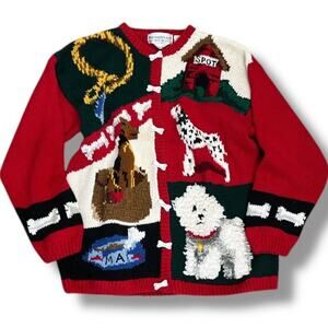 Vintage 90s Eagle's Eye Hand-Knit Dog Novelty Cardigan Sweater Large